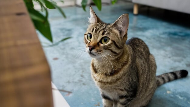 青いセメントの床の上にタビーと左を見ている