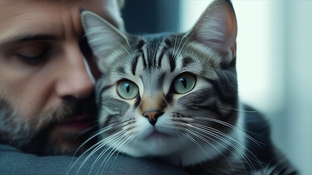 Кошка Табби сталкивается лицом к лицу со своим хозяином, чувствует любовь с домашним питомцем, обнимается с домашней смешанной кошкой.