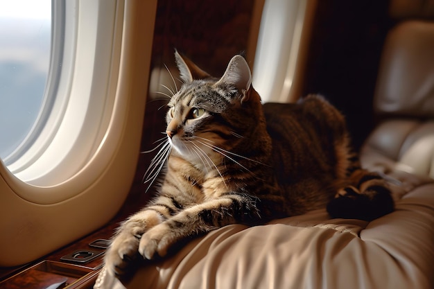 Foto tabby cat si diverte con la luce della cabina dell'aereo al tramonto