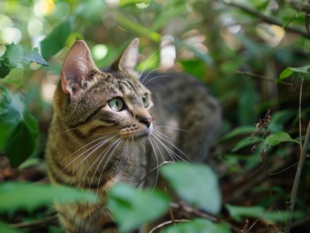 庭 を 探検 し て いる タビー 猫