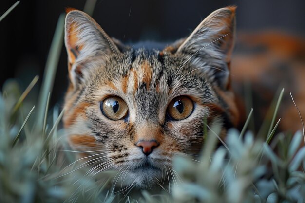 写真 草のなかで野外で狩りをしているタビー猫