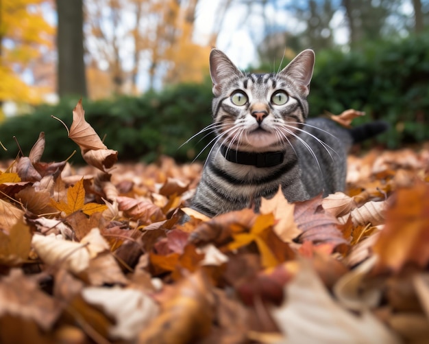 紅葉の真ん中でカメラを見つめるトラ猫