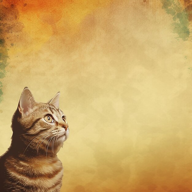 豊富なコピースペースを持つ暖かい質感の背景の上を見上げているタビー猫