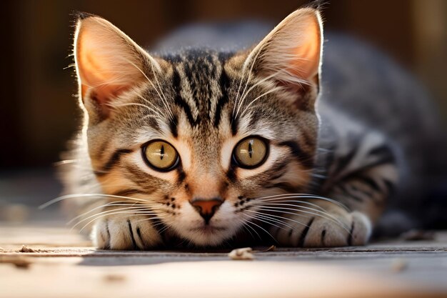 Tabby Cat Lying On Ground