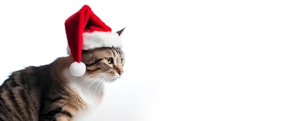 Tabby cat in Santa Claus Christmas red hat on white background with copy space