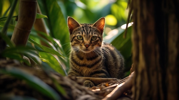 A tabby cat sits in a tree