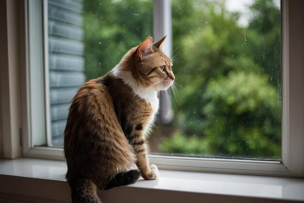 Photo tabby cat sitting on wooden windowsill