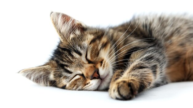 Tabby cat sleeping peacefully on a white surface