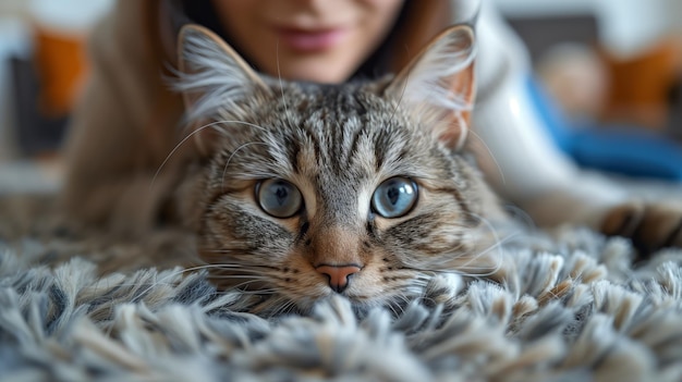 Foto gatto tabby con gli occhi blu in un ambiente domestico accogliente