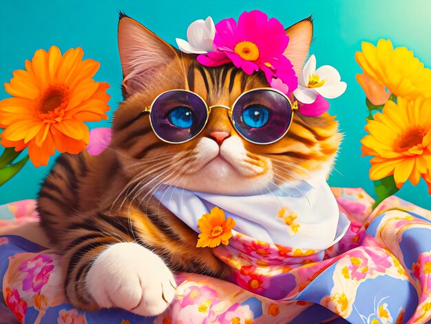 Tabby cat with sunglasses laid on tropical beach neural network ai