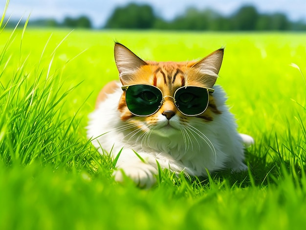 Foto gatto tabby con occhiali da sole posato sulla spiaggia tropicale rete neurale ai