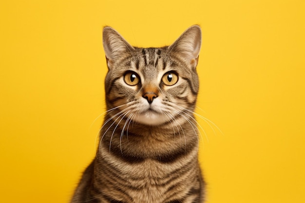 A tabby cat with a yellow background