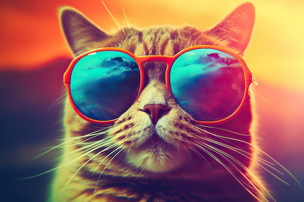 A tabby colored cat wearing sunglasses