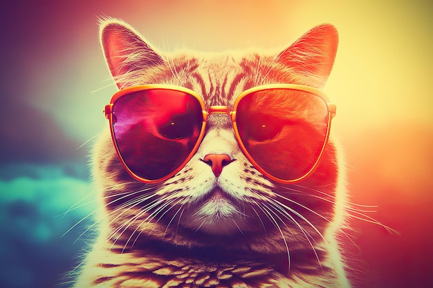 A tabby colored cat wearing sunglasses