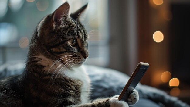 Foto tabby kat met een smartphone bokeh lichten achter