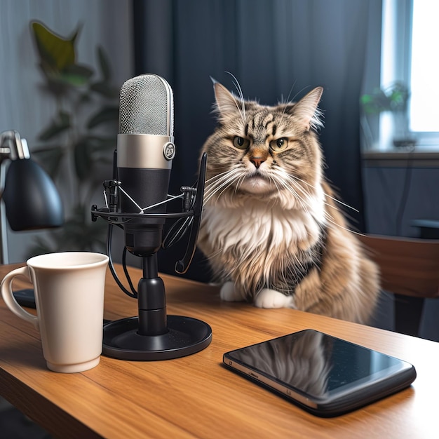 Tabby kat zit voor een microfoon met een mobiele telefoon en een koffiebeker op de tafel