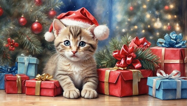 사진 크리스마스 선물 가운데 있는 태비 고양이