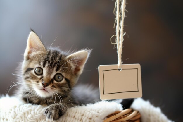 Tabby kitten in a basket with small blank placard hanging outside