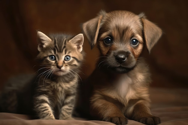 Tabby Kitten En Bruine Puppy Rusten Rustig Generatieve AI