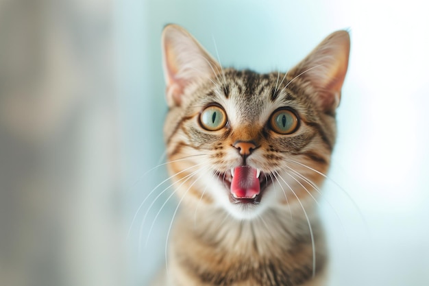 A tabby kitten meowing with the background out of focus