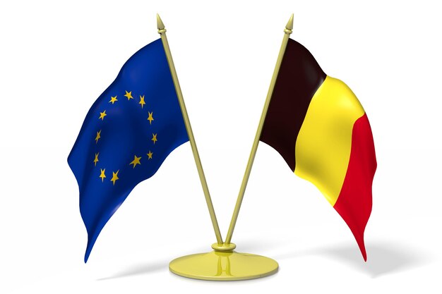 Tabelvlaggen van België en de Europese Unie op witte achtergrond
