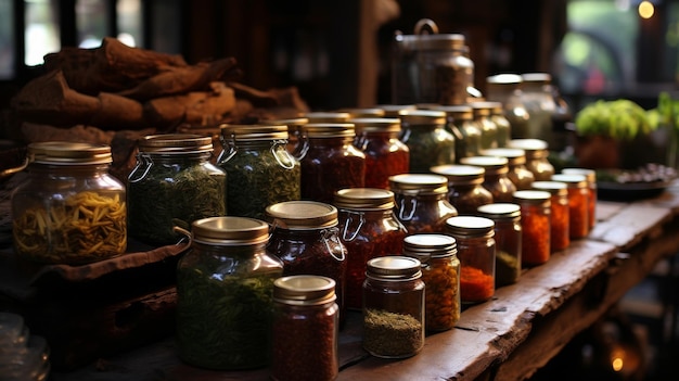 A table adorned with an array of jars filled with various delectable foods creating a visual feast f