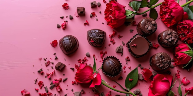 チョコレート と 花 で 飾ら れ た 卓