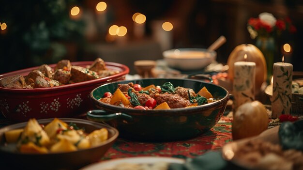 Table Adorned With Food Bowls and Candles