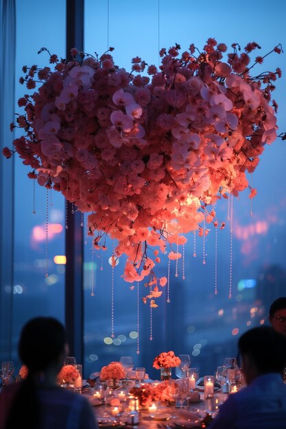Foto un tavolo adornato con fiori appesi al soffitto che crea un'atmosfera unica ed elegante per un