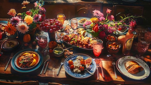 Photo table adorned with mexican cuisine embellished with flowers