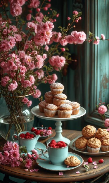 핑크색 꽃 과 컵케이크 로 장식 된 테이블 핑크 색 꽃 과 섬세 하게 배열 된 여러 가지 맛 의 컵 케이크 로 아름답게 장식 되어 있는 테이블