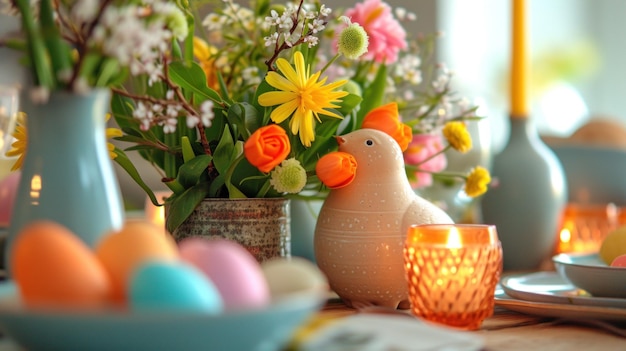 Table Adorned With Vase of Flowers and Eggs