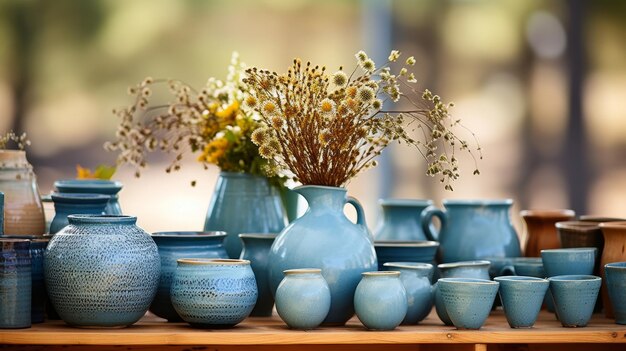 다채로운 꽃으로 가득 찬 활기찬 파란색 꽃병으로 장식 된 테이블