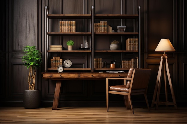 写真 テーブルと椅子の本と肘掛け椅子が付いている木製の本棚 3 d レンダリング ビジネス オフィス インテリア