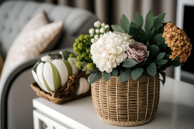 On the table are some flowers in a rattan container selective attention