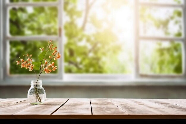 Table background of free space and spring window background generative ai