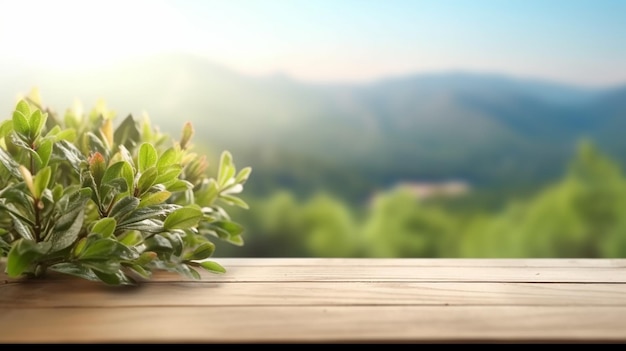 Table background of free space for your decoration and blurred landscape of mountains and Blue sky