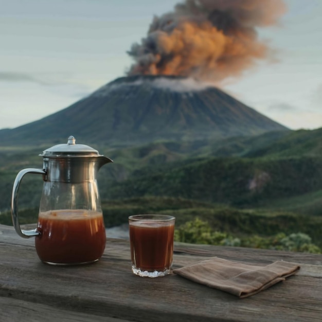 Foto sfondo tabella di spazio libero per il vostro prodotto e una tazza di caffè caldo interno e foto di umore scuro