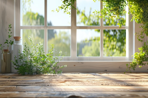 写真 春の風景と緑の植物のテーブルの背景