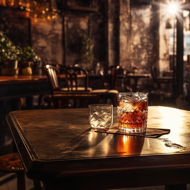 A table in a bar with a bar in the background