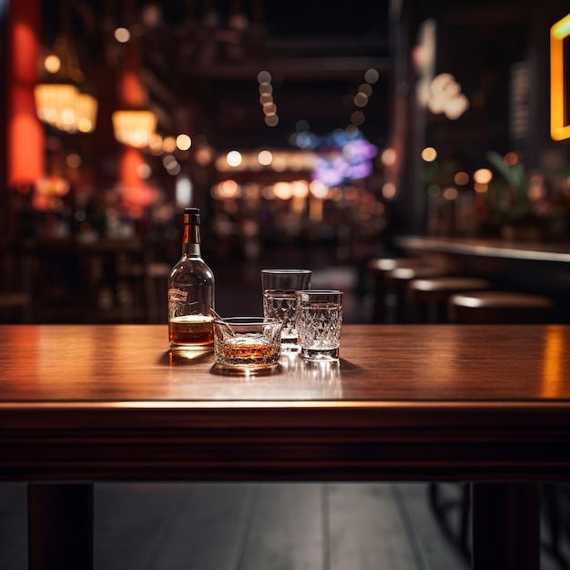 A table in a bar with a bar in the background