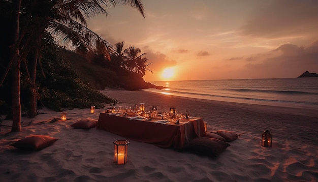 A table on the beach at sunset