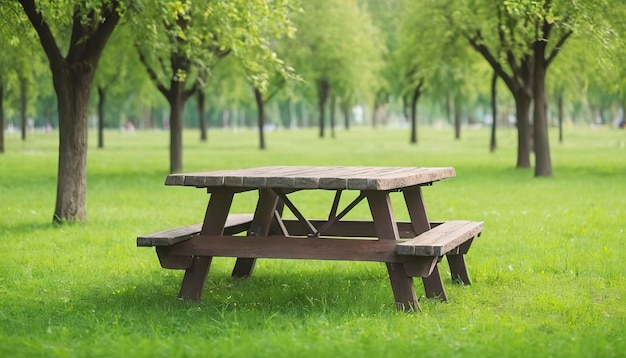 公園のテーブルとベンチ 緑の草原のピクニックテーブル ピクニックの背景
