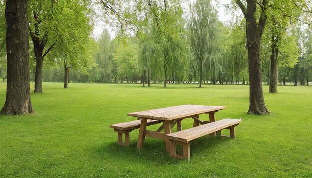 Table and benches in the park Picnic table on a green meadow Picnic background