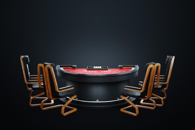 Стол для карточной игры в блэкджек на темном фоне Концепция азартных карточных игр в казино Плакат онлайн-ставок с рисками для рекламы 3D-рендеринг 3D-иллюстрация копия пространства