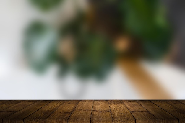 Table and blur background, Wooden counter over blur bokeh light background, Brown wood table top, shelf for food and retail shop, store product display backdrop, banner, mockup, template.