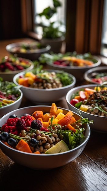 A table of bowls of salads including a variety of fruits and vegetables.