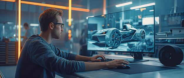 At a table in a building a man in glasses is using a computer to design a car