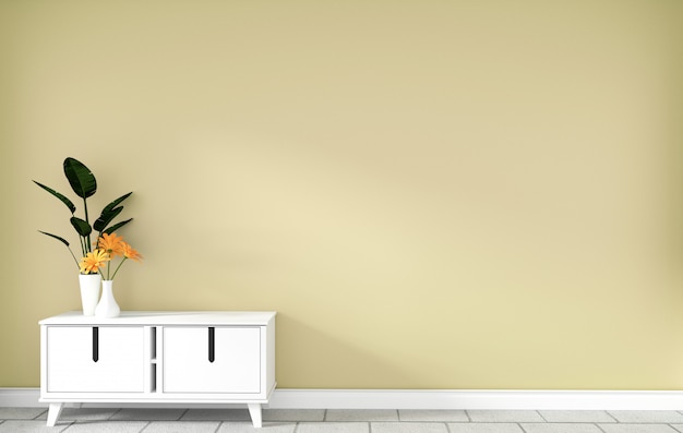 table cabinet in modern yellow empty room,minimal designs, 3d rendering