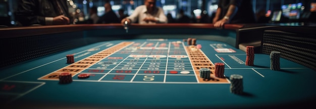 A table at the casino is surrounded by people.